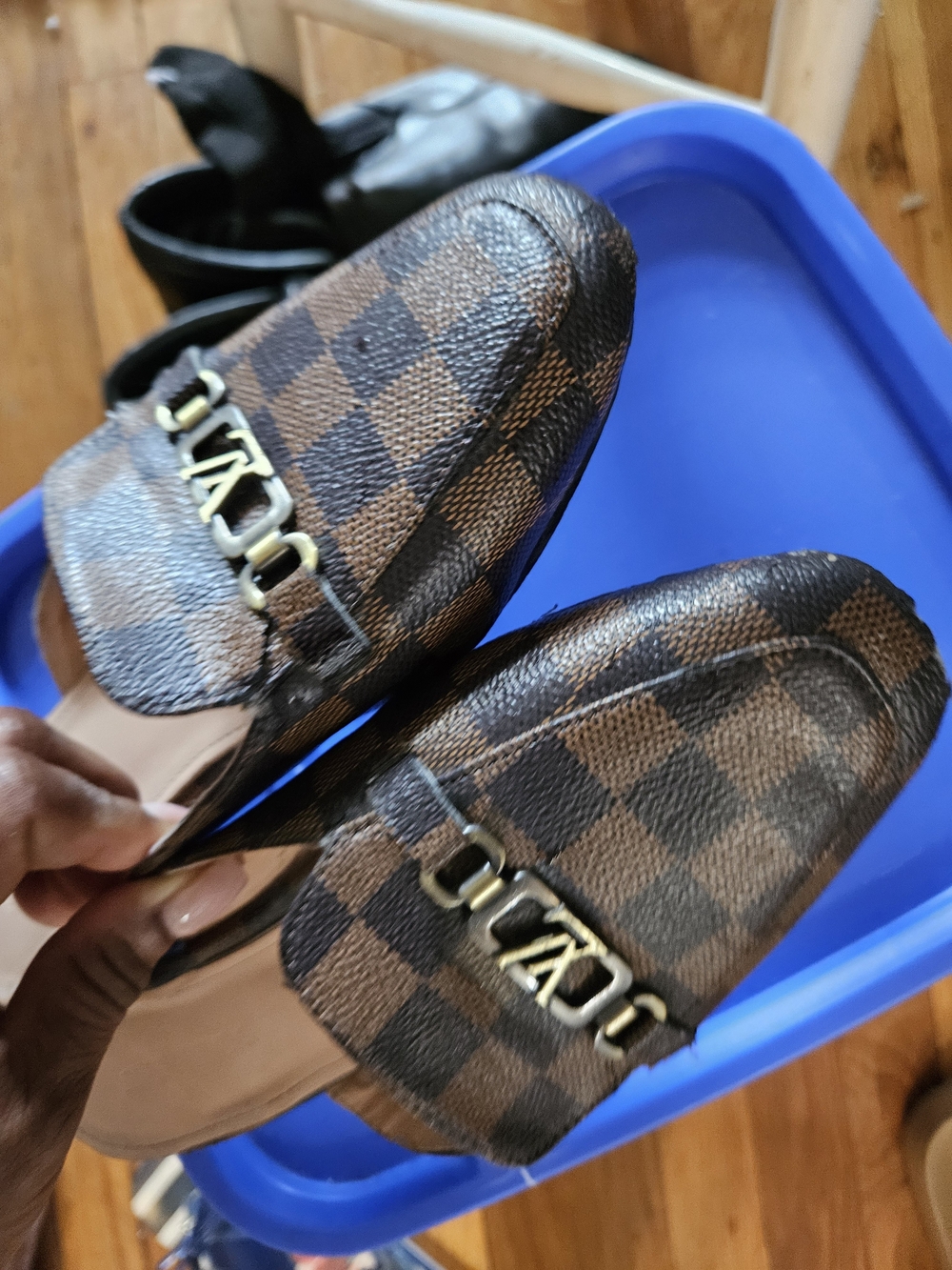 Louis Vuitton Brown Damier Canvas Slip-On Loafers with Gold-Tone Hardware